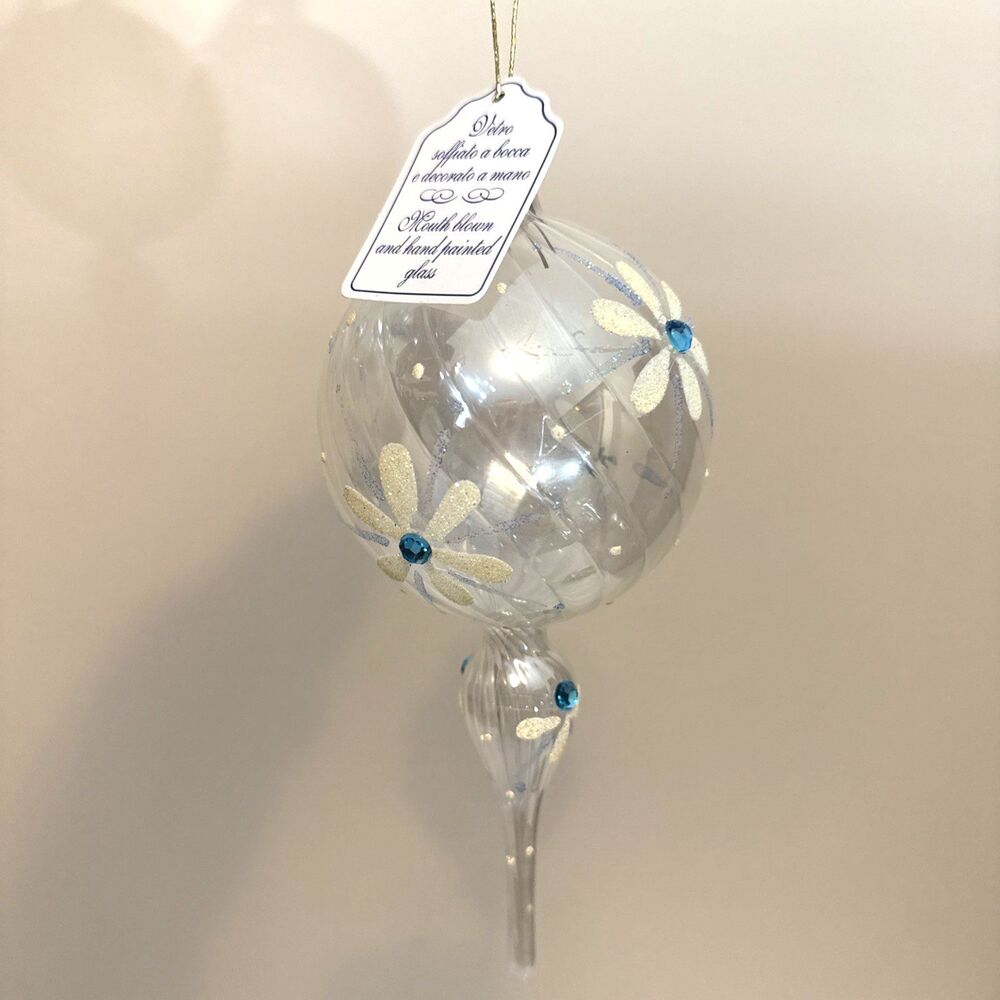 Italian Art Glass Mouth Blown Hand Painted Rhinestone Icicle Christmas Ornament
